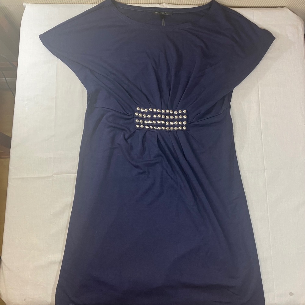 Runway Paris Navy Blue Cap Sleeve Studded Waist Mini Dress Large